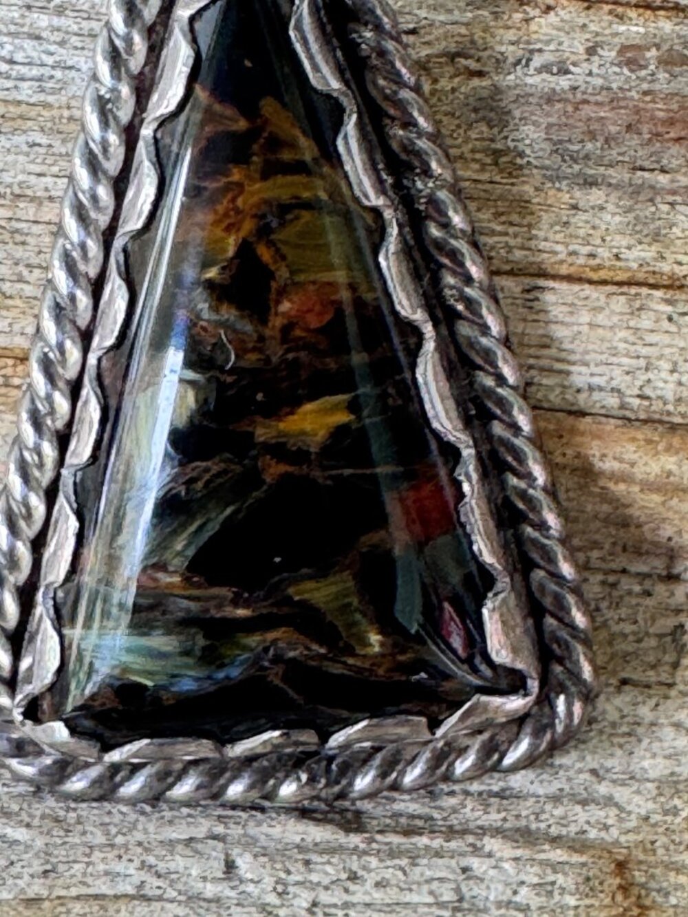 Sterling Silver Pendant Unisex 7.59g Pietersite Triangular Cabochon Artisan - Picture 3 of 8